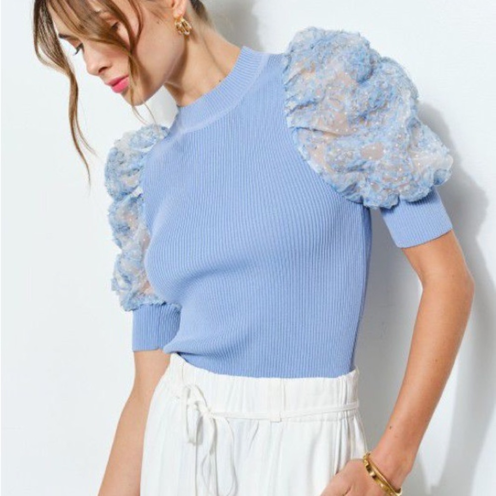INA Floral Applique Puff Sleeve Knit Top
